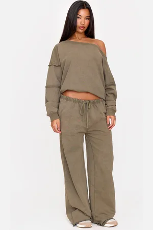 PRETTYLITTLETHING Khaki Washed Embossed Thin Waistband Wide Leg Joggers