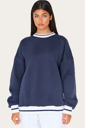 PRETTYLITTLETHING Navy Striped Ribbed Hem Oversized Sweatshirt