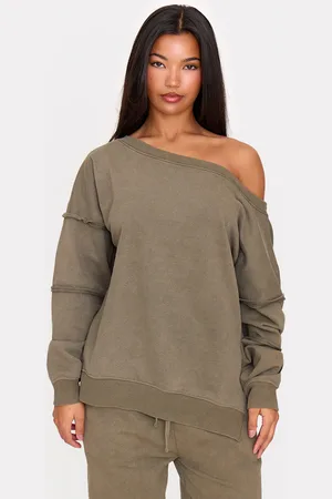 PRETTYLITTLETHING Khaki Washed Off The Shoulder Frayed Seam Detail Sweatshirt