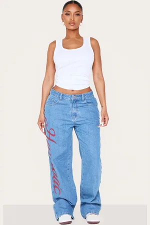 PRETTYLITTLETHING Shape Low Rise Slogan Straight Leg Denim Jeans