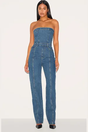 PRETTYLITTLETHING Tall Bandeau Style Straight Leg Denim Jumpsuit