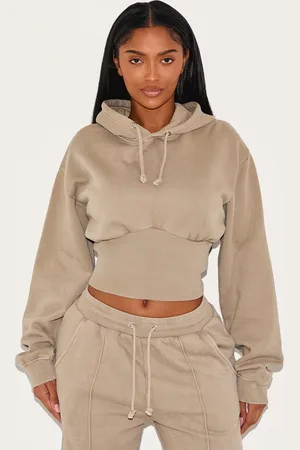 PRETTYLITTLETHING Shape Mocha Sweat Cropped Shirred Waist Hoodie