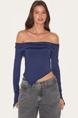 PRETTYLITTLETHING Navy Slinky Bardot Asymmetric Long Top