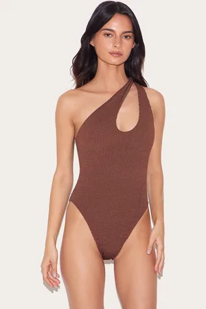 PRETTYLITTLETHING Chocolate Brown Crinkle One Shoulder Cut Out Swimsuit