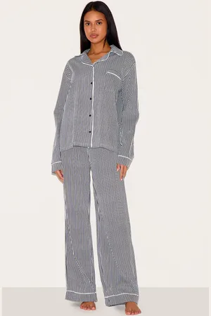 PRETTYLITTLETHING Navy Stripe Print Jersey Piping Detail Long Pj Set