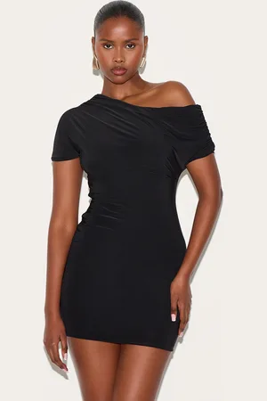 PRETTYLITTLETHING Slinky Off The Shoulder Ruched Mini Dress