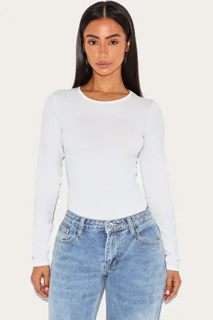 PRETTYLITTLETHING Petite Basic Cotton Blend Crew Neck Bodysuit