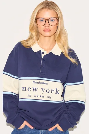 PRETTYLITTLETHING Navy Premium Contrast Collar New York Embroidered Sweatshirt
