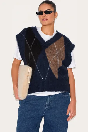 PRETTYLITTLETHING Plus Navy Checkered Knitted Sweater Vest