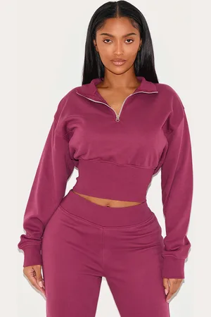 PRETTYLITTLETHING Shape Burgundy Half Zip Cropped Sweatshirt