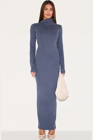 PRETTYLITTLETHING Navy Rib Oversized Collar Maxi Dress