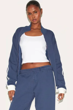 PRETTYLITTLETHING Navy Premium Side Stripe Contrast Zip Through Sweatshirt