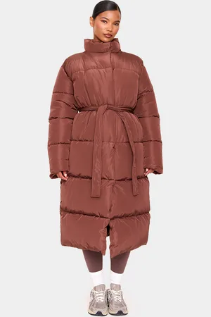 PRETTYLITTLETHING Mocha Quilted Longline Tie Waist Puffer Coat