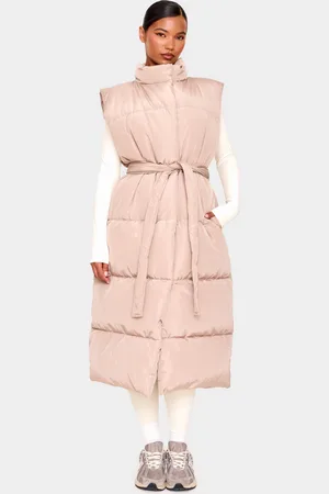 PRETTYLITTLETHING Taupe Quilted Longline Tie Waist Gilet