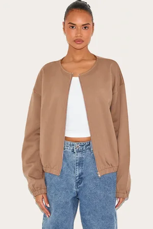 PRETTYLITTLETHING Taupe Premium Oversized Boxy Collarless Zip Sweat Top