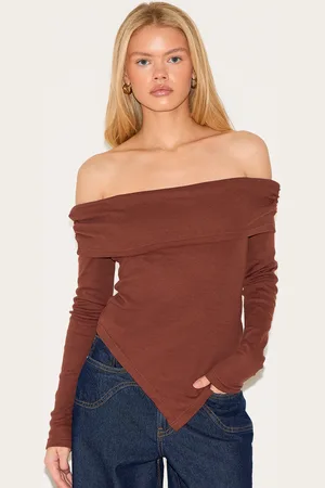 PRETTYLITTLETHING Fold Over Bardot Dipped Hem Long Top