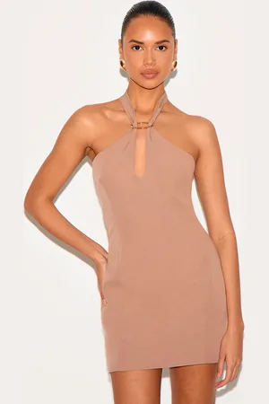 PRETTYLITTLETHING Beige Woven Trim Detail Mini Dress