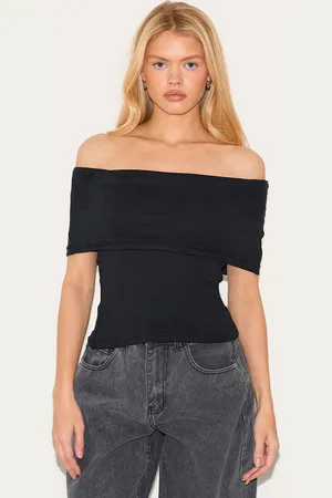 PRETTYLITTLETHING Ribbed Foldover Bardot Top