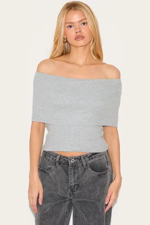 PRETTYLITTLETHING Ribbed Foldover Bardot Top