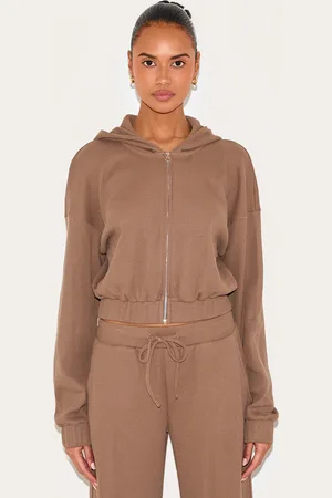 PRETTYLITTLETHING Waffle Zip Up Cropped Hoodie