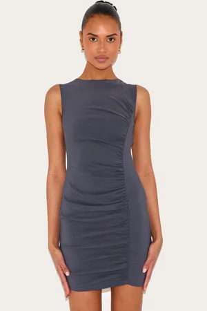 PRETTYLITTLETHING Charcoal Stretch Woven Ruched Bodycon Dress