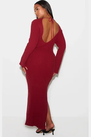 PRETTYLITTLETHING Plus Burgundy Rib Knit Low Back Long Sleeve Maxi Dress