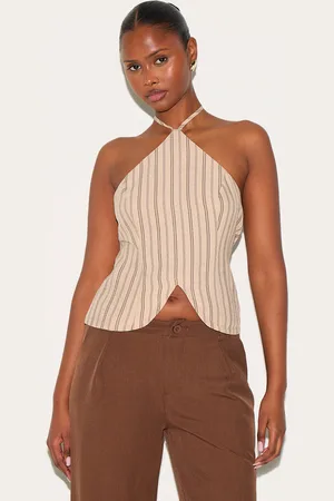 PRETTYLITTLETHING Beige Striped Halterneck Long Top