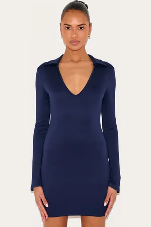 PRETTYLITTLETHING Navy Double Contour Collar Detail Long Sleeve Bodycon Dress