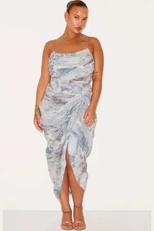 PRETTYLITTLETHING Plus Abstract Print Chiffon Ruched Drape Midi Dress