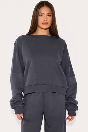 PRETTYLITTLETHING Charcoal Oversized Ribbed Panel Sweatshirt