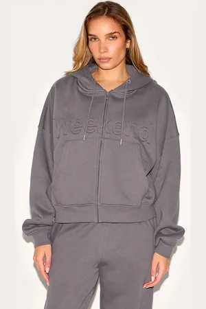 PRETTYLITTLETHING Charcoal Washed Weekend Applique Zip Up Hoodie