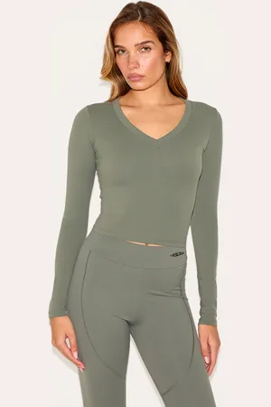 PRETTYLITTLETHING Olive Sculpt V Neck Long Sleeve Top
