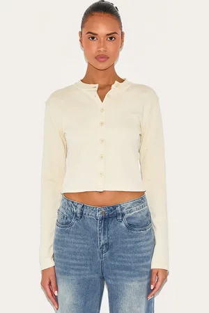 PRETTYLITTLETHING Cream Button Up Fitted Sweatshirt
