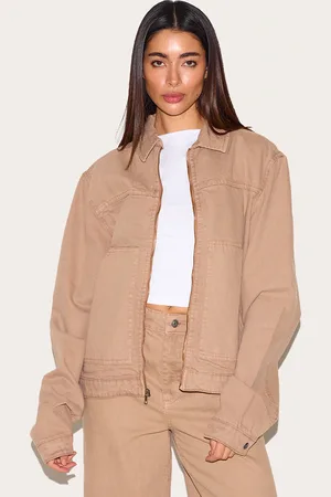 PRETTYLITTLETHING Taupe Boxy Contrast Seam Carpenter Denim Jacket