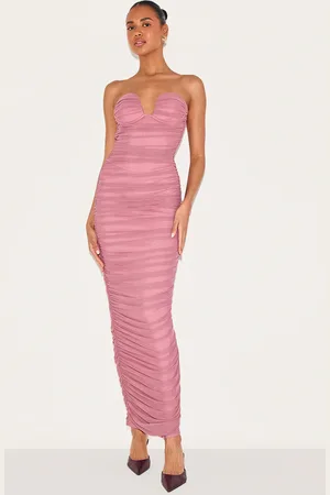 PRETTYLITTLETHING Blush Rose Mesh Ruched Bandeau Maxi Dress