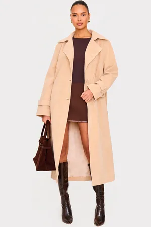PRETTYLITTLETHING Stone Faux Suede Buckle Belt Trench Coat