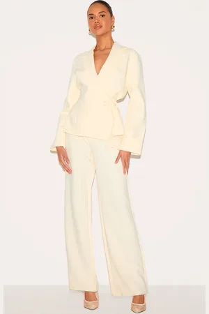 PRETTYLITTLETHING Cream Premium Woven Tie Side Blazer Jumpsuit