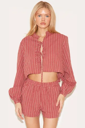PRETTYLITTLETHING Striped Linen Cropped Shirt