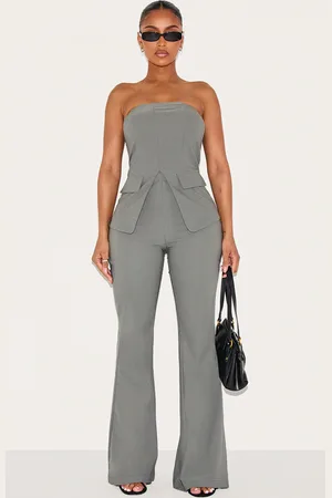 PRETTYLITTLETHING Shape Charcoal Stretch Woven High Waisted Flared Trousers