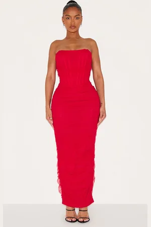 PRETTYLITTLETHING Shape Corset Detail Long Sleeve Ruched Midi Dress