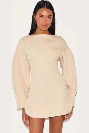 PRETTYLITTLETHING Beige Tailored Long Sleeve Shift Dress