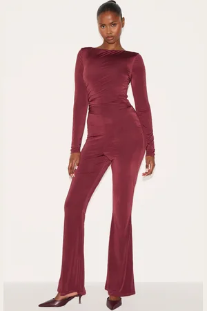 PRETTYLITTLETHING Wine Double Layer Slinky Gathered Long Sleeve Wide Leg Jumpsuit
