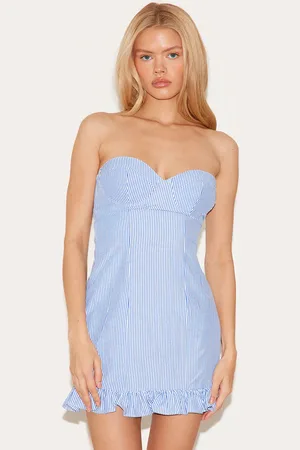 PRETTYLITTLETHING Pinstripe Bandeau Frill Hem Shift Dress