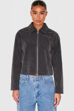 PRETTYLITTLETHING Charcoal Zip Up Faux Suede Jacket
