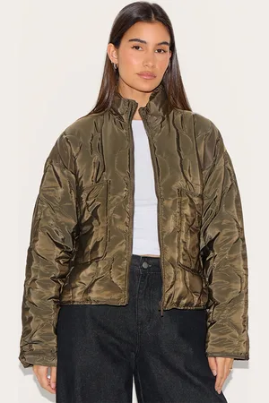PRETTYLITTLETHING Olive Padded Wave Funnel Neck Jacket