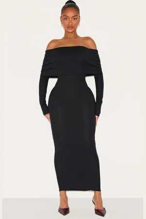 PRETTYLITTLETHING Shape Fold Over Bardot Rib Maxi Dress