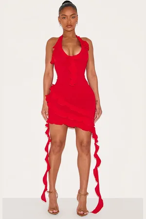 PRETTYLITTLETHING Shape Woven Halterneck Frill Detail Mini Dress
