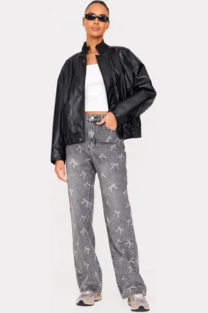 PRETTYLITTLETHING Bow Laser Print Straight Leg Jeans