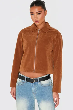 PRETTYLITTLETHING Tan Zip Up Faux Suede Jacket