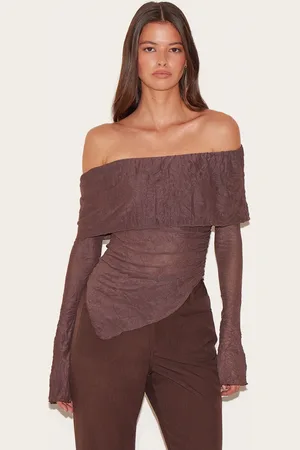 PRETTYLITTLETHING Crinkle Mesh Fold Over Detail Bardot Long Sleeve Top